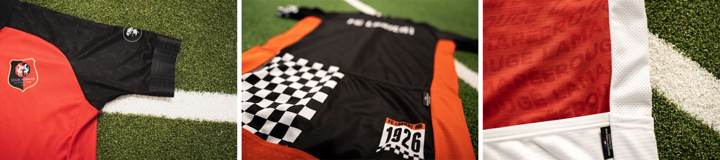 Trois maillots de cyclisme reprenant les couleurs historiques de nos représentants régionaux en première division de football : le Stade Rennais, le FC Lorient et le Stade Brestois
